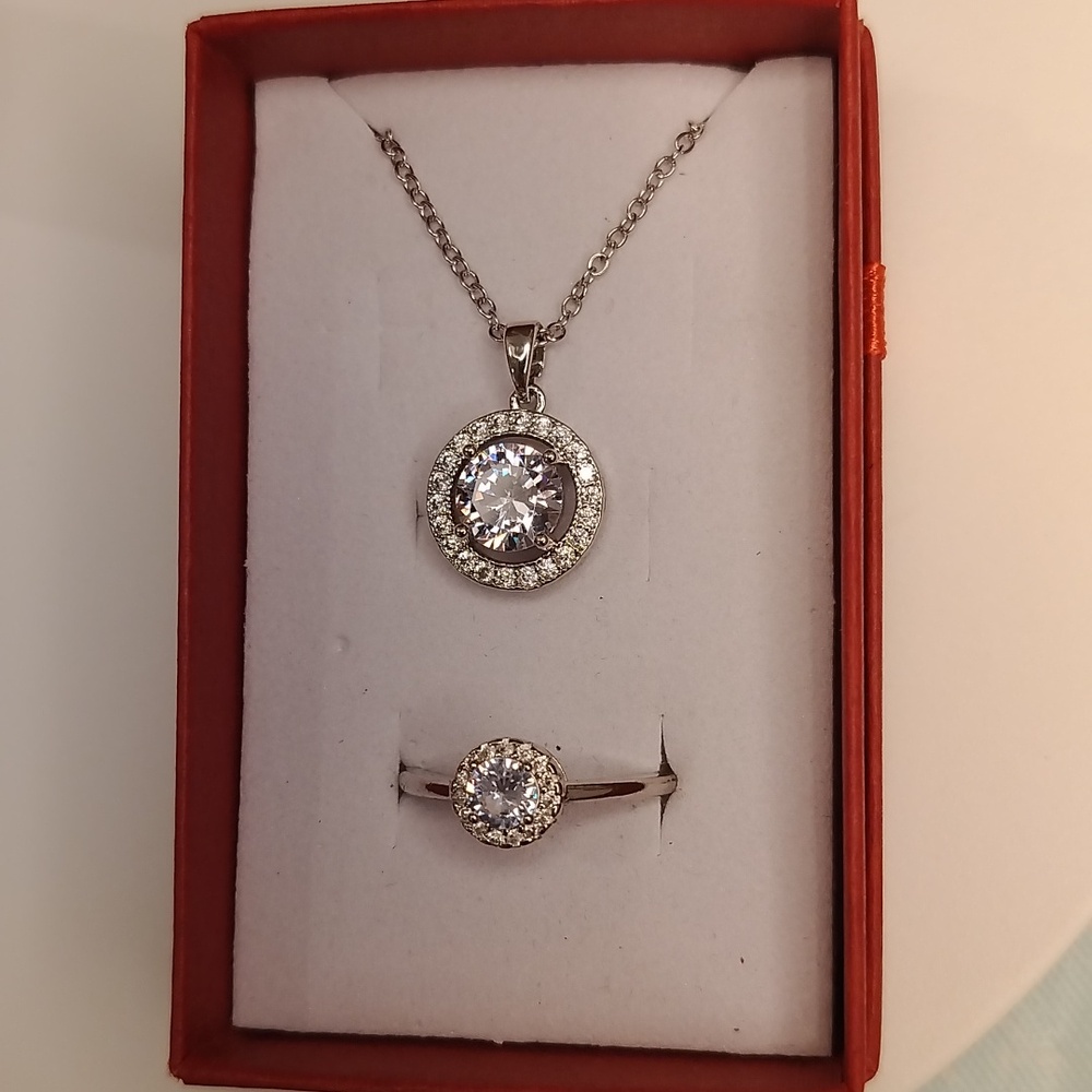 Round gemstone with halo necklace and ring set